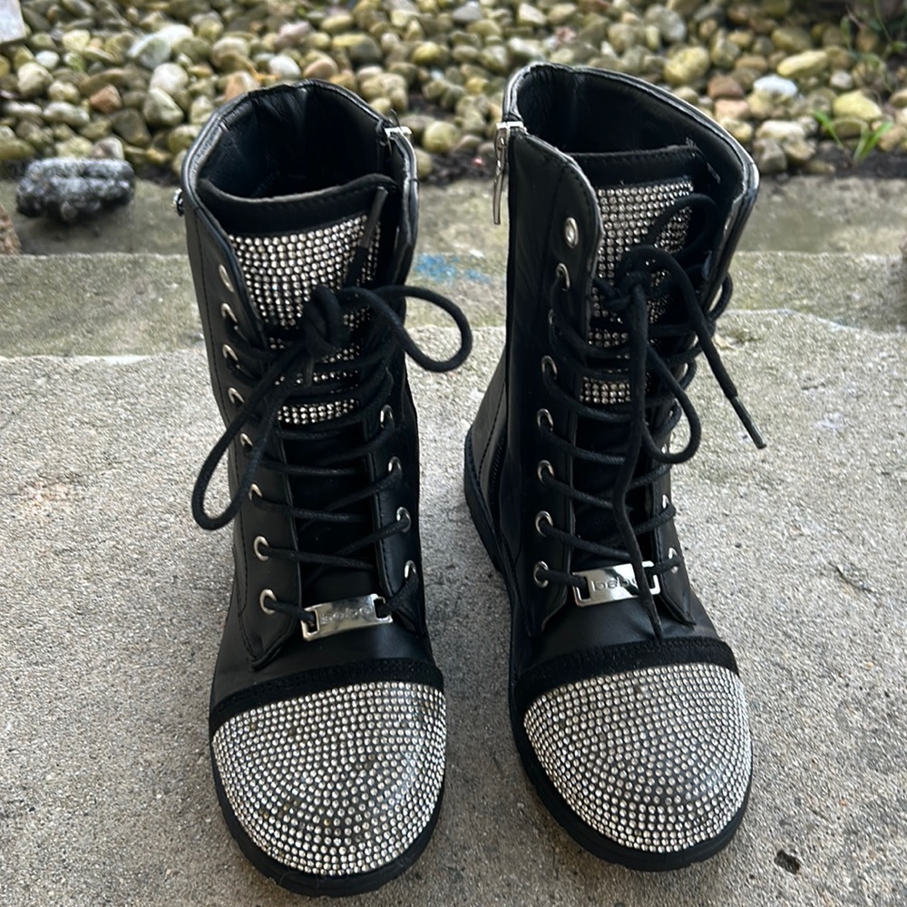 Bebe Girls' Rhinestone Combat Zip Boots - black, size 1 like new.